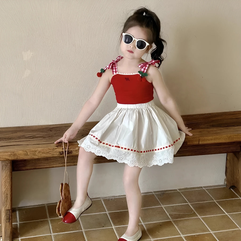 Girls cotton lace two-piece skirt suit in red with sleeveless top and matching skirt for summer