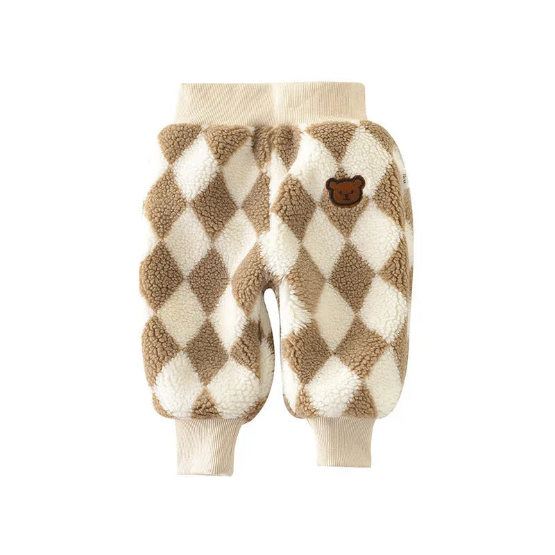 Baby fleece trousers in cotton, unisex sweatpants with cartoon pattern, available in beige, brown, black plaid, and khaki plaid.