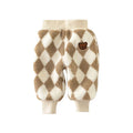 Baby fleece trousers in cotton, unisex sweatpants with cartoon pattern, available in beige, brown, black plaid, and khaki plaid.