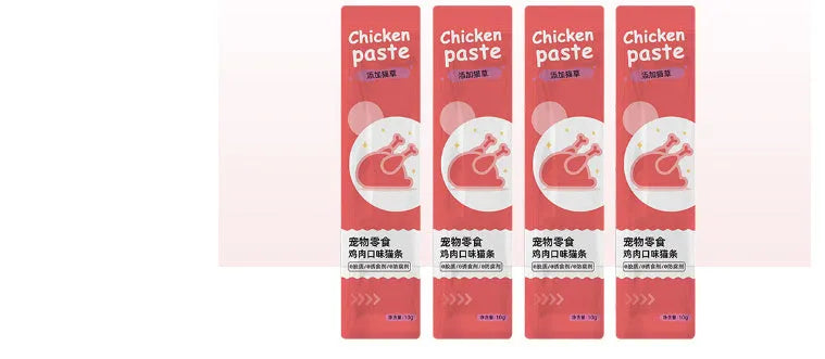 Pack of 10 low-fat cat snack strips in four flavour varieties for kittens.