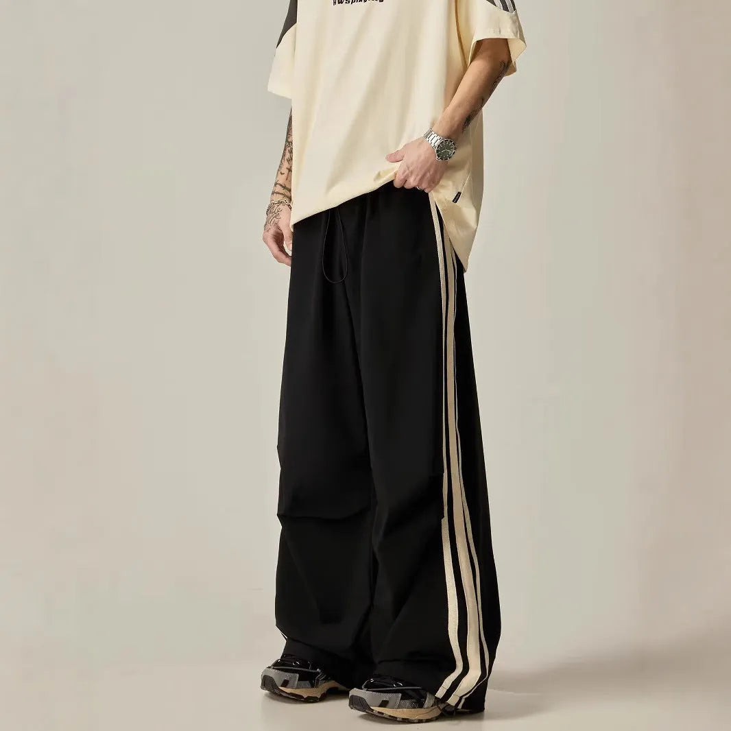 Black men's wide leg climbing trousers with high waist and straight-leg design