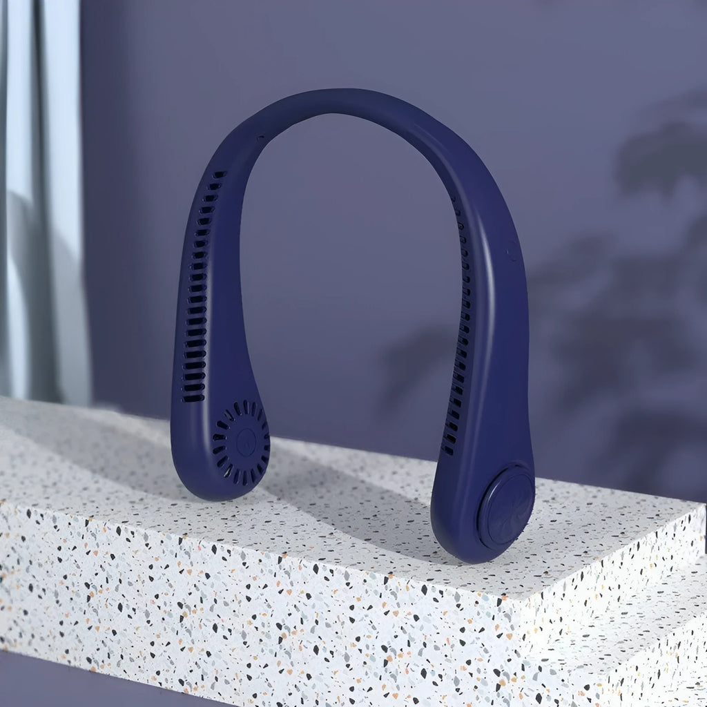 Blue USB rechargeable bladeless neck fan showing ergonomic neckband and streamlined air outlet