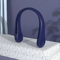 Blue USB rechargeable bladeless neck fan showing ergonomic neckband and streamlined air outlet