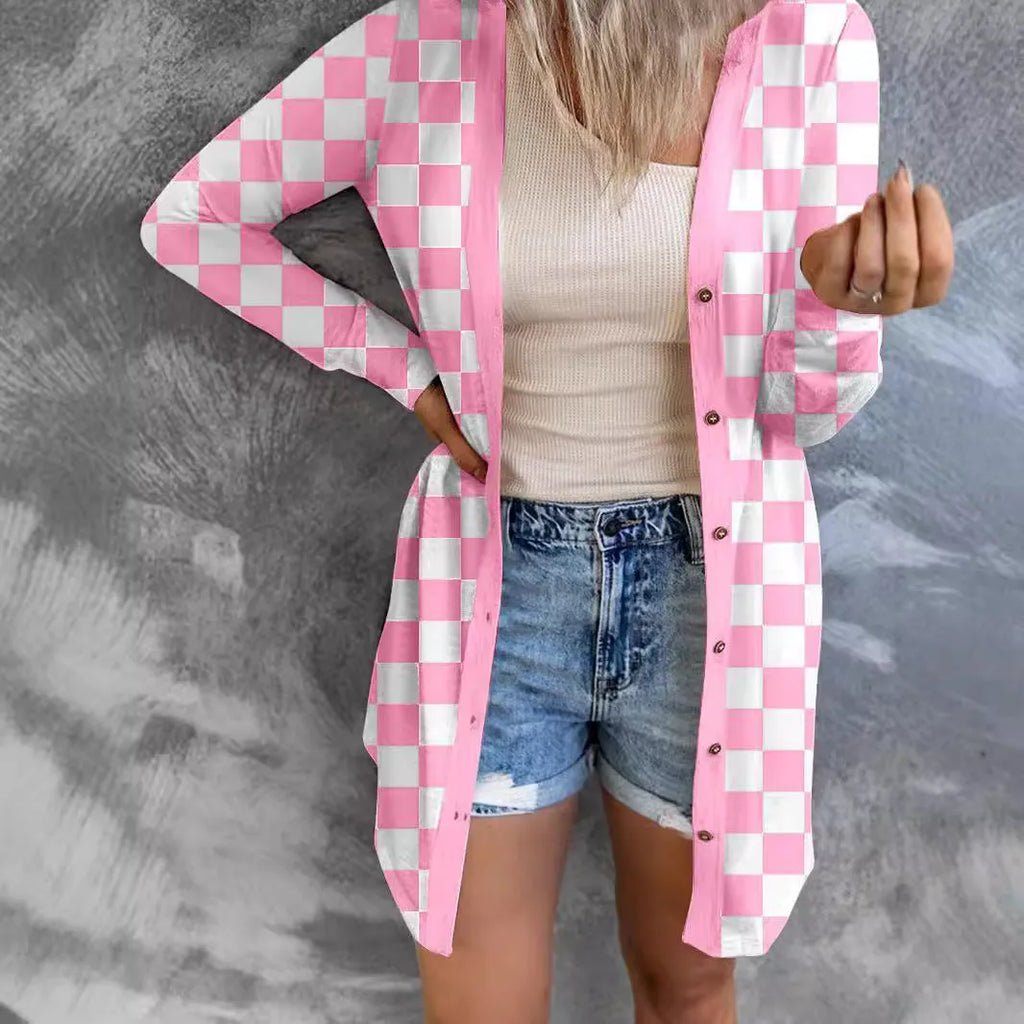 Women's long grey plaid knitted cardigan coat with a loose fit on a hanger.