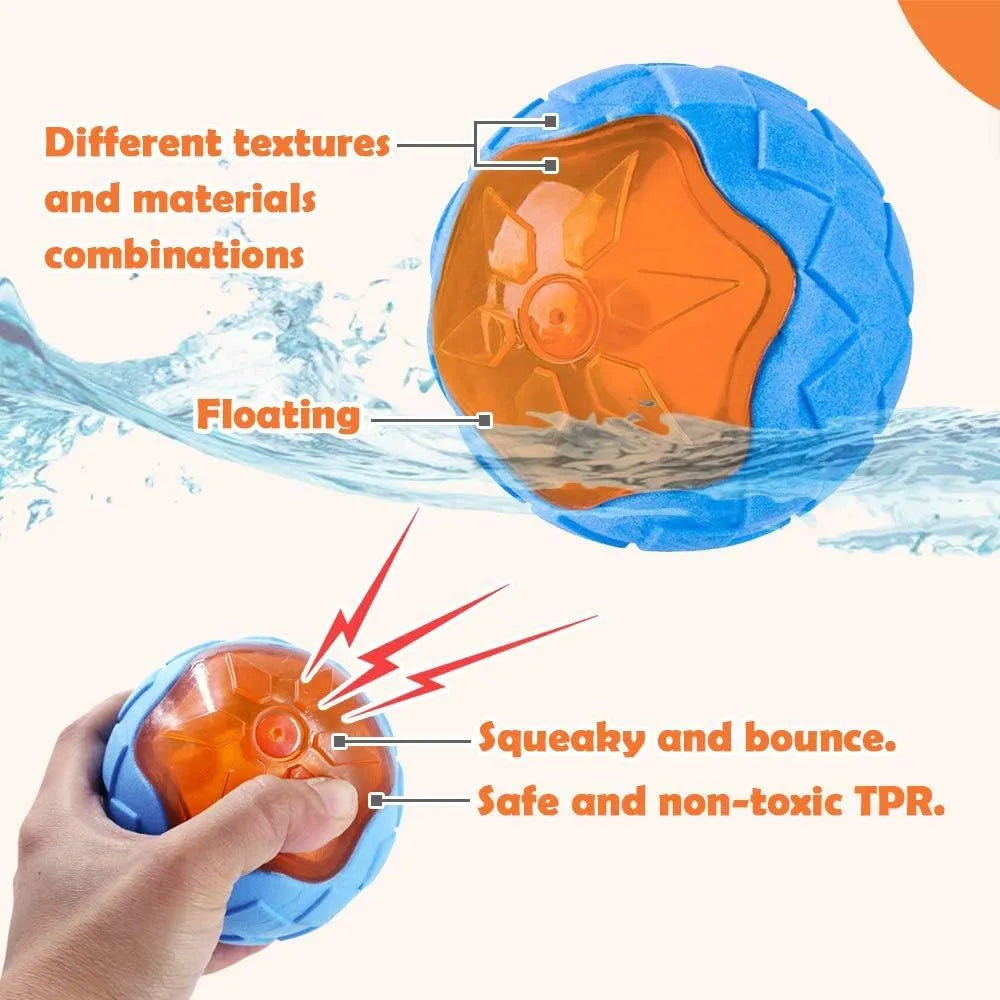 TPR squeaky dog toy set with ball, tires, and barbell floating in water