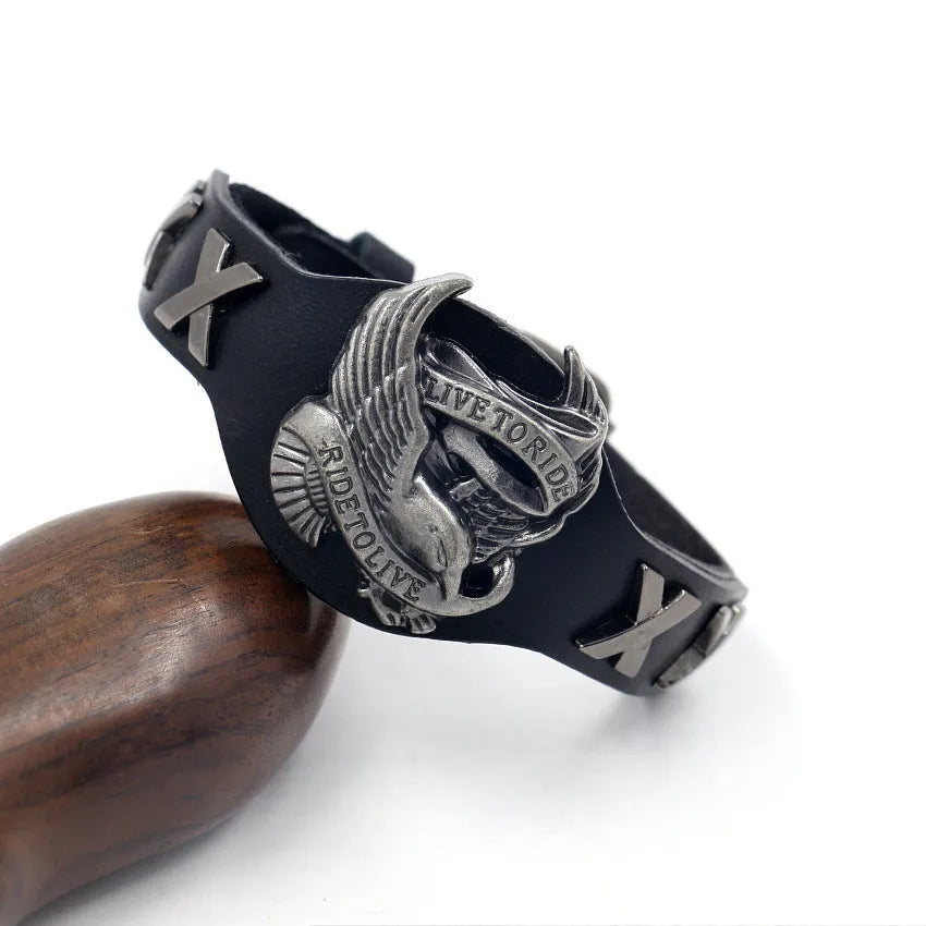 Black geometric leather bracelet with alloy eagle clasp showing tapered 1.7-3.8cm width