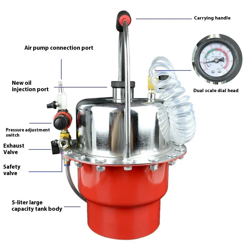 Pneumatic brake fluid replacement machine with pressure gauge and transparent drain pipe adapter