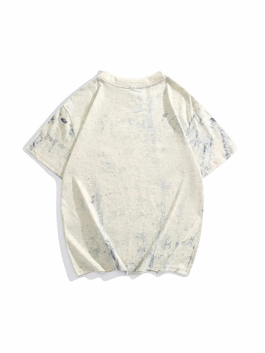 Gray tie dye T-shirt with all-over paint print design, loose fit with short sleeves and round neck