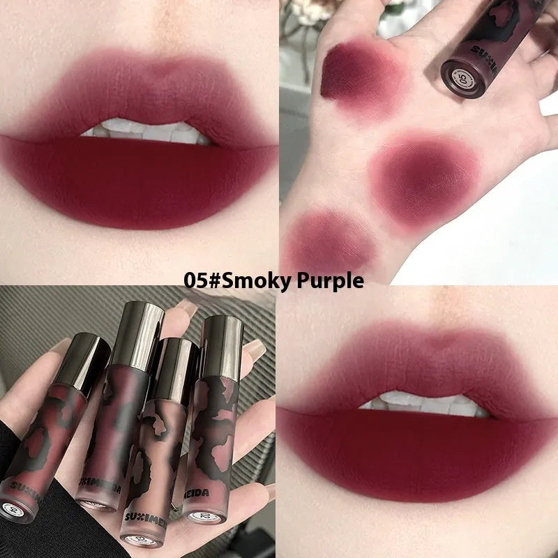 Lava Secret Matte Lip Mud Lipstick bullet in one of five colours: orange brown, cool gray, cinnamon, red, or purple.