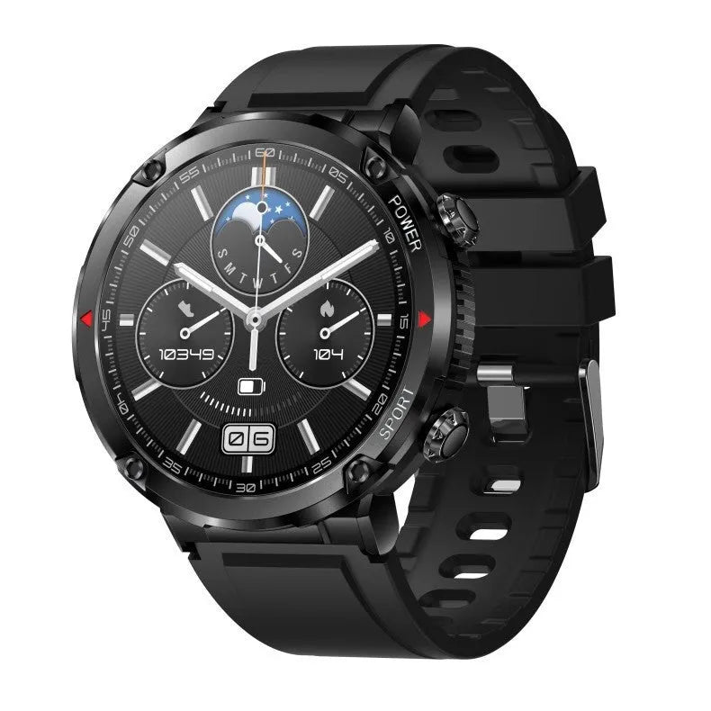 T30 Smart Watch in black on wrist, showing watch face with health stats and call notification.