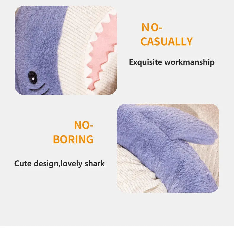 Blue shark pattern pet bed for dogs and cats on a wooden floor, showing plush velvet material.