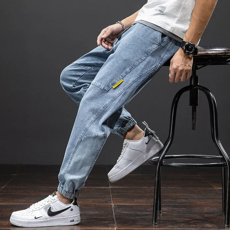 Men's loose cargo casual jeans in micro-elastic cotton with Korean-style straight cut and non-ironing finish
