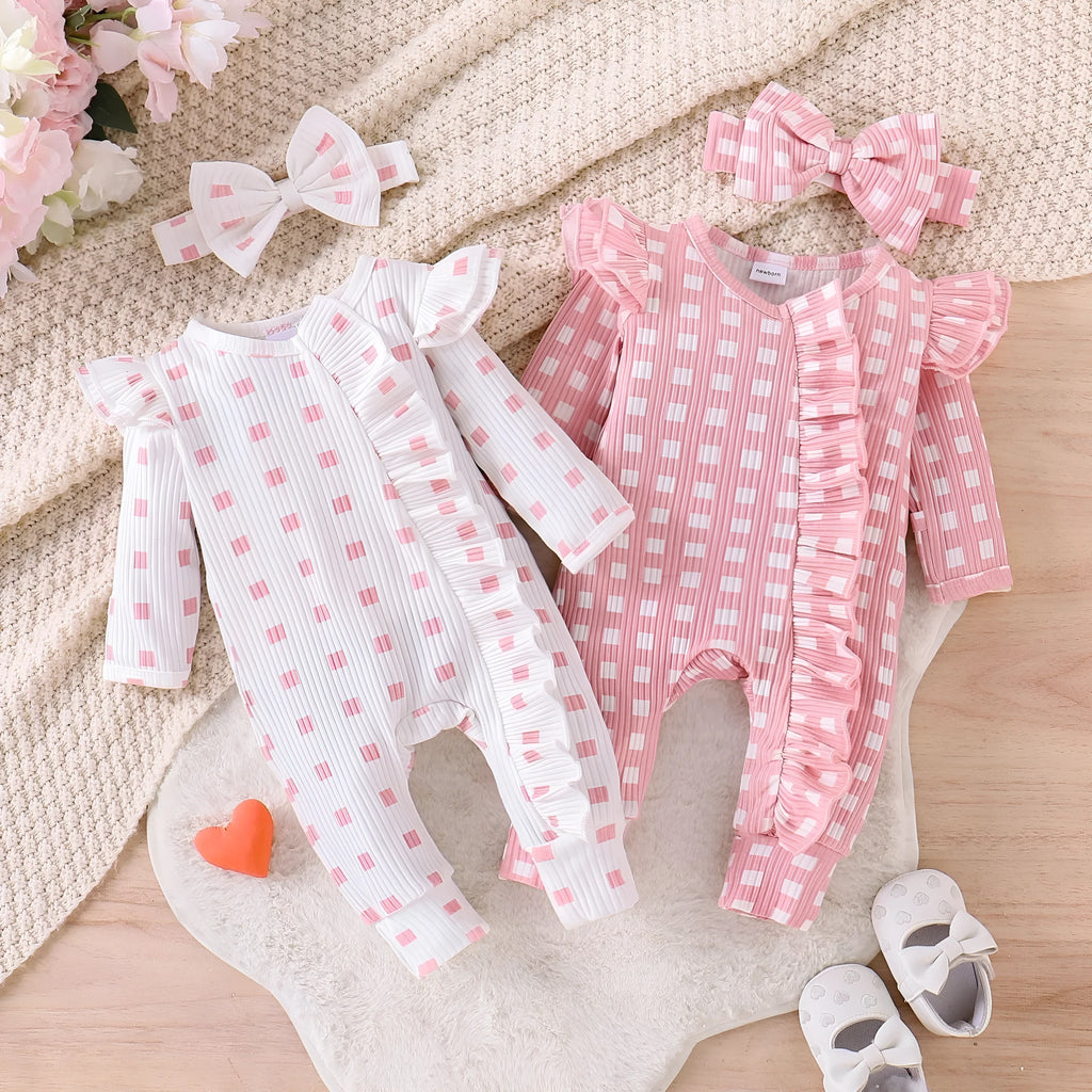 Cotton baby girl plaid long-sleeved romper in pink for spring autumn wear