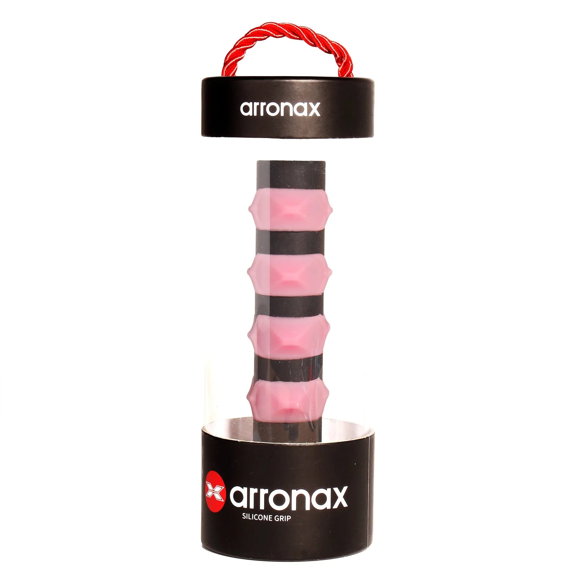 Silicone racquet grip sleeve in seven colour options showing dimensions of 17.6cm by 6.4cm