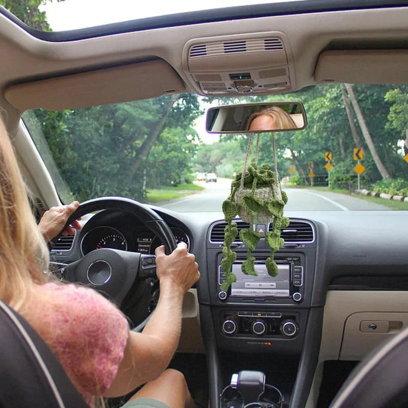 Green and white knitted wool macramé car air plant holder with hanging cord