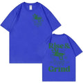 Loose fit linen t-shirt with Rise And Grind Green Coffee cartoon graphic print, shown in multiple colour options.