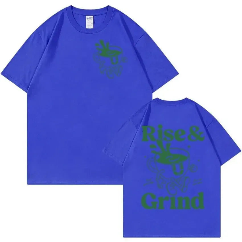 Loose fit linen t-shirt with Rise And Grind Green Coffee cartoon graphic print, shown in multiple colour options.