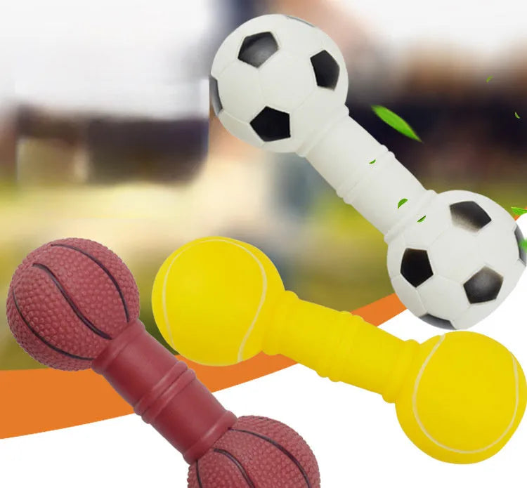 Brown, orange, white and yellow PVC football dumbbell dog toy with squeaker.