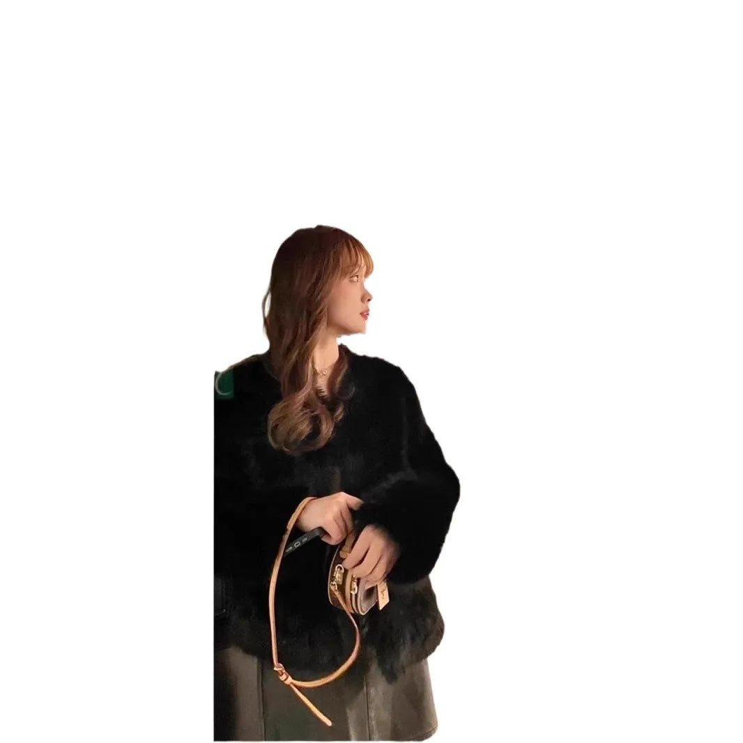 Women's furry chenille coat with princess sleeves, 50cm length, brown or black, sizes S to L