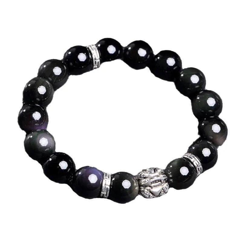 Natural obsidian bracelet with 999 silver components in male 12mm and female 10mm sizing options
