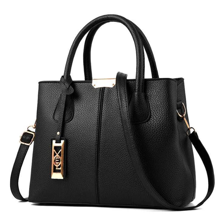 Women's square shoulder bag in soft PU leather with leather strap, shown in multiple colour options
