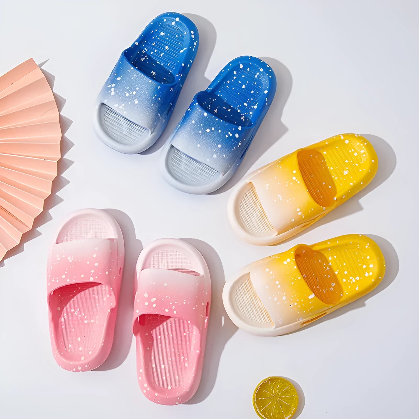 Gradient blue PVC children's slipper sandals on a white background, showing non-slip sole.