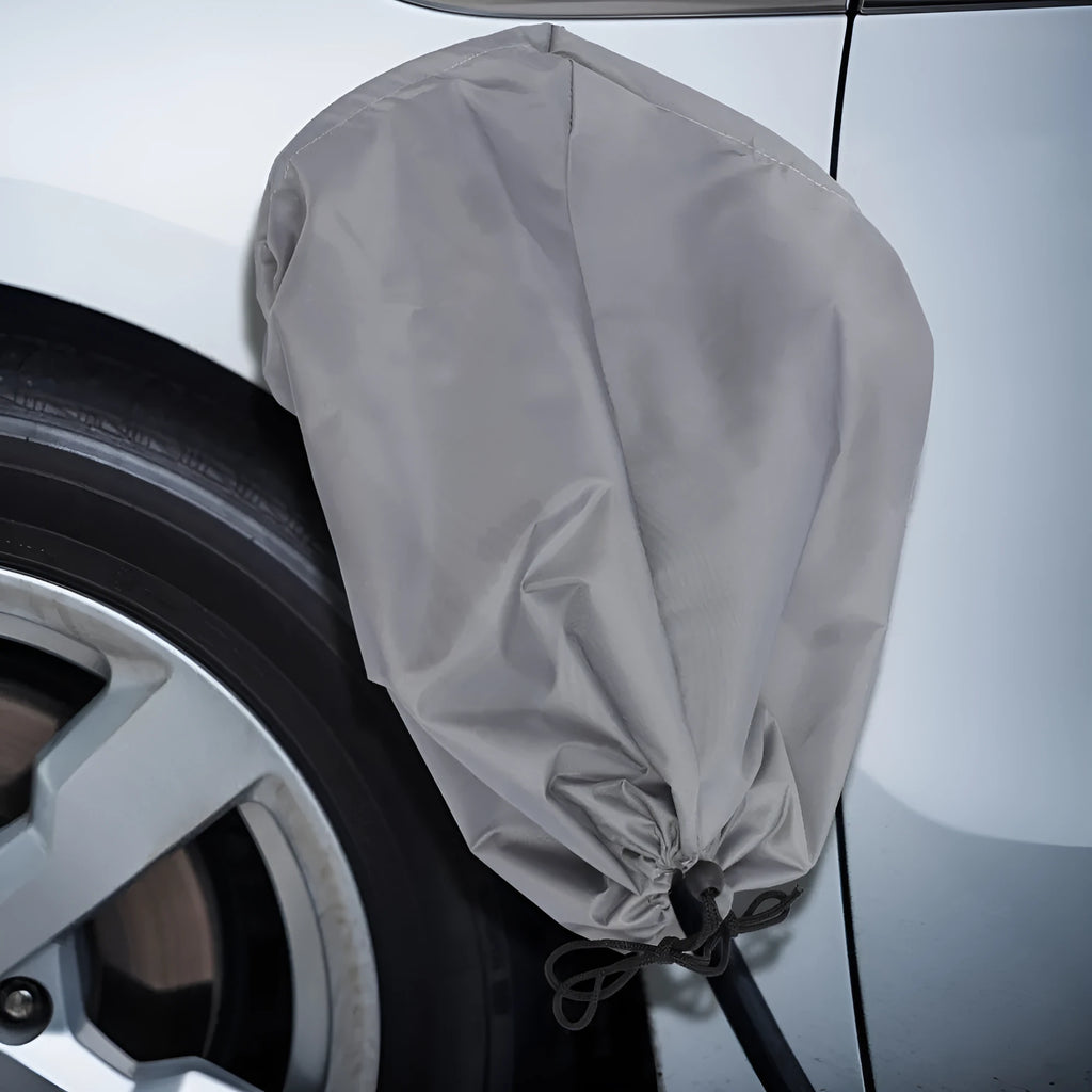 Waterproof cover for electric vehicle charging port with drawstring closure