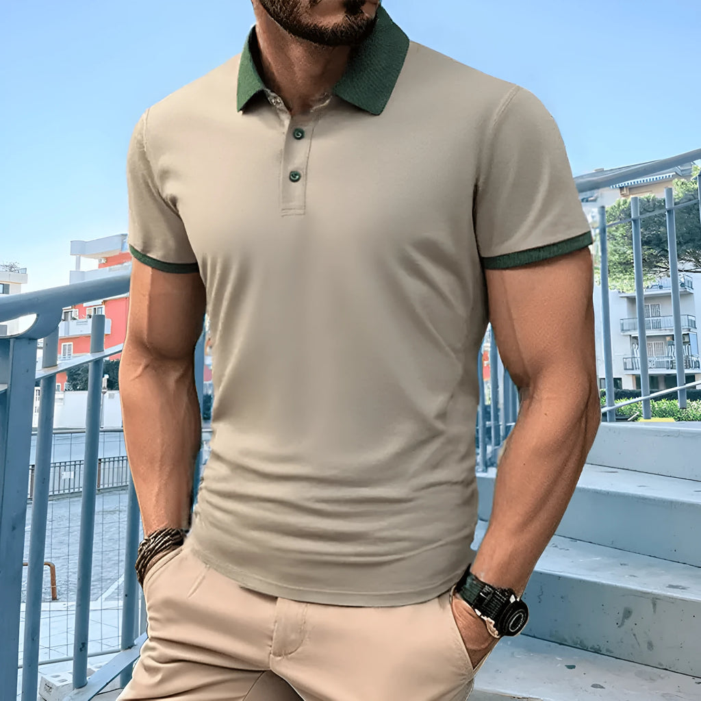Men's summer polo shirt with short sleeves, lapel collar, flocking print detail, ice silk polyester fabric, in six colours.