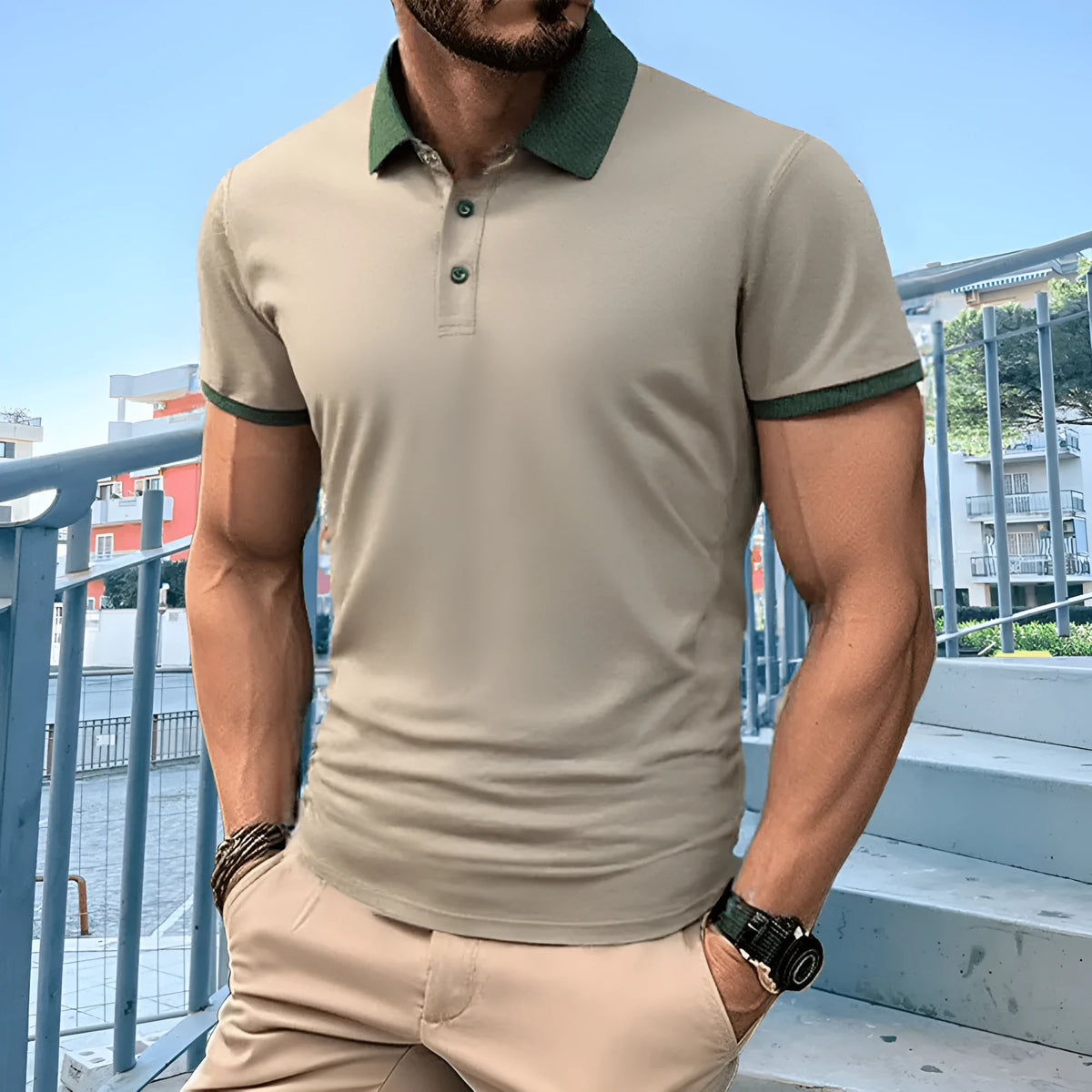 Men's summer polo shirt with short sleeves, lapel collar, flocking print detail, ice silk polyester fabric, in six colours.
