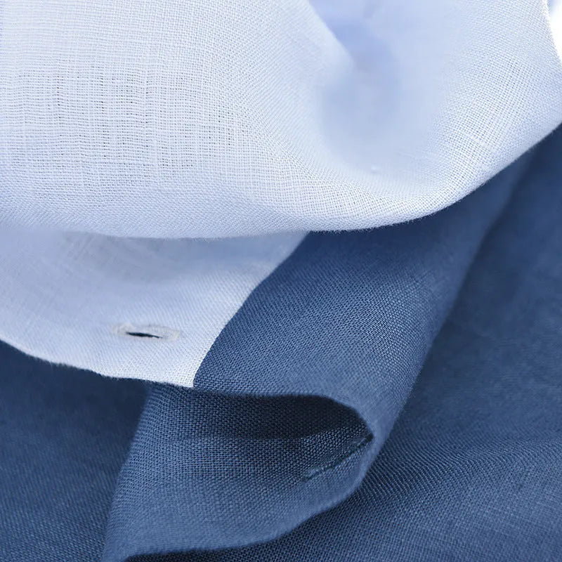 Men's white patchwork linen short sleeve shirt with square collar and loose fit, sizes M to 3XL