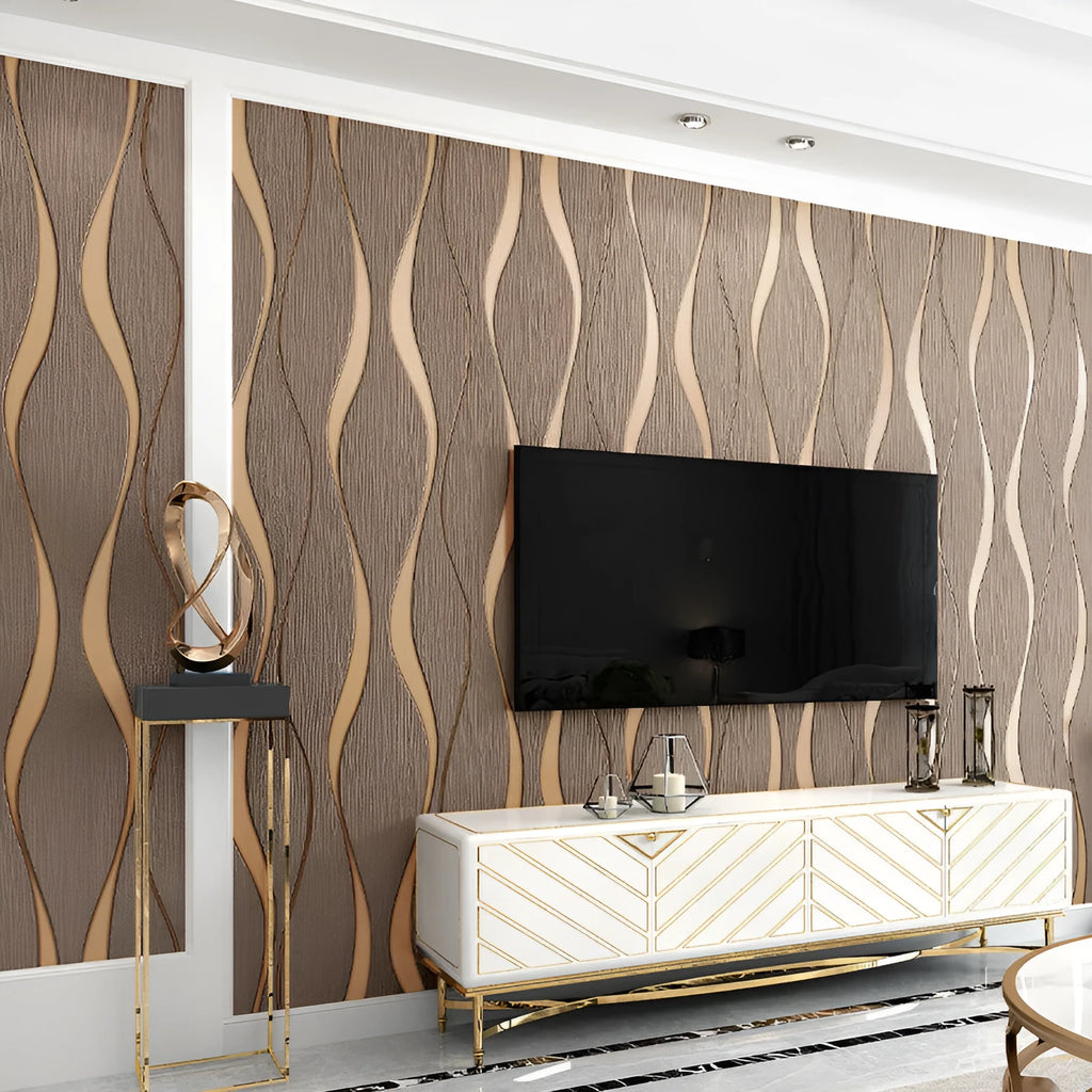 Curve stripe pattern 3D decorative wallpaper roll with velvet texture in light grey and dark brown colours.