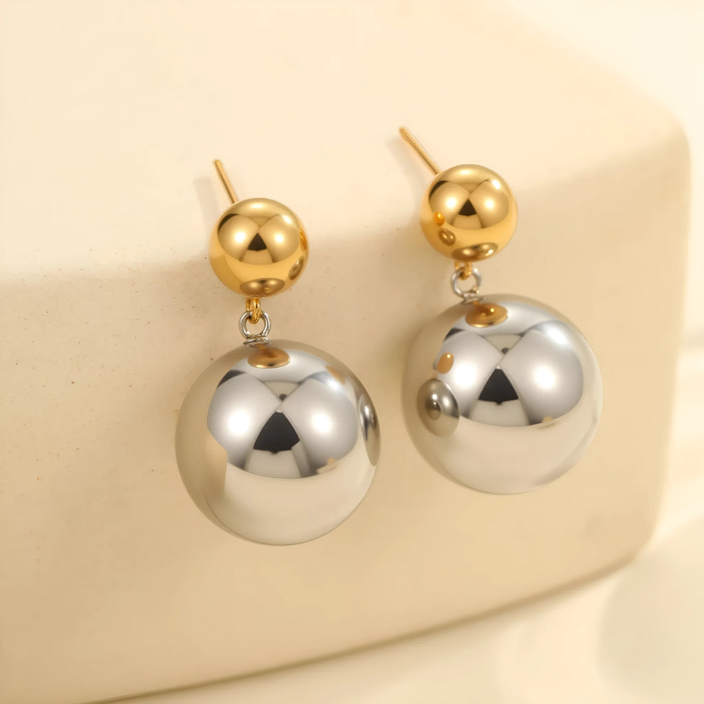 Round bead stainless steel colour-block ear studs with geometric design and 18K electroplating