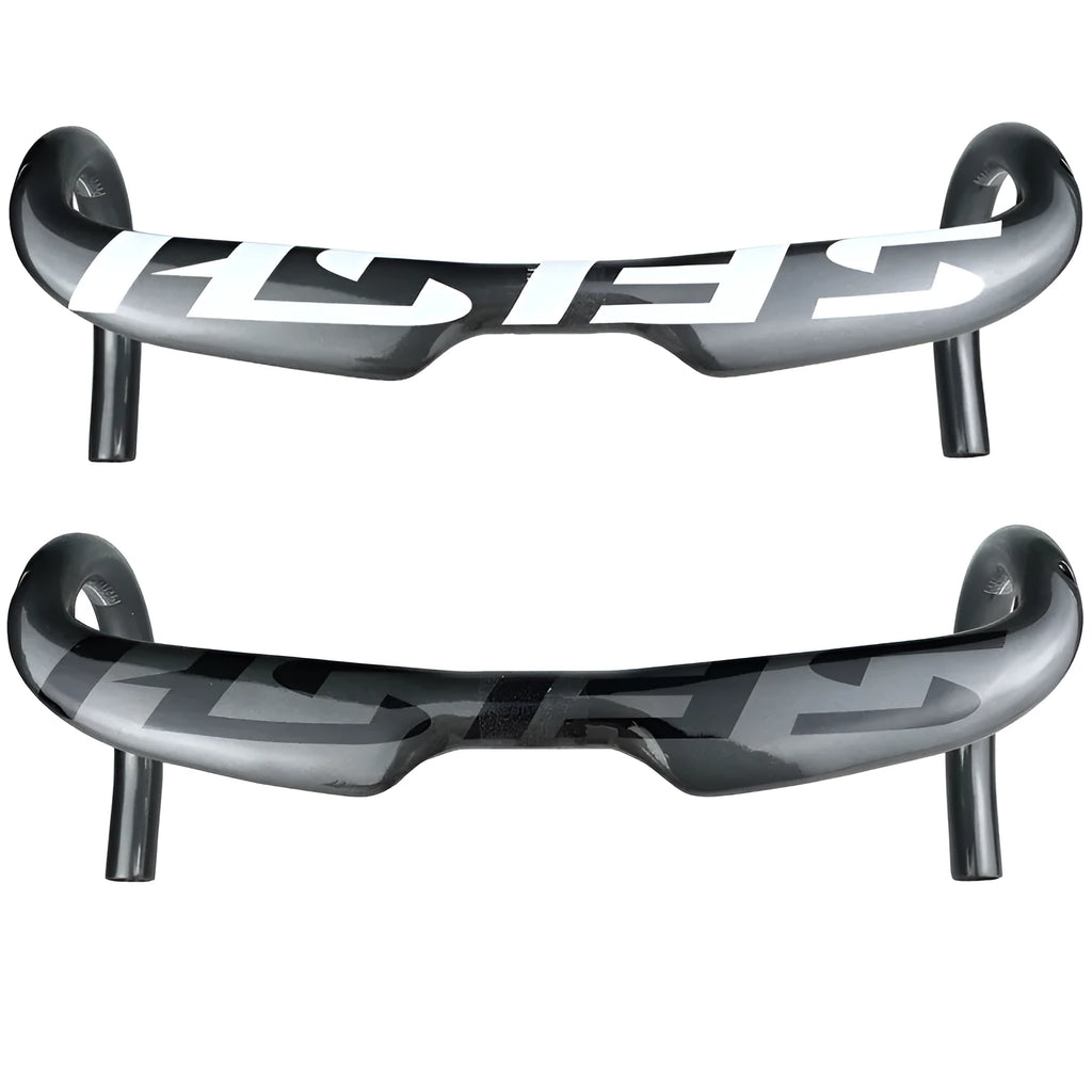 Carbon fibre road bike bent handlebar showing drop design with measurement markings