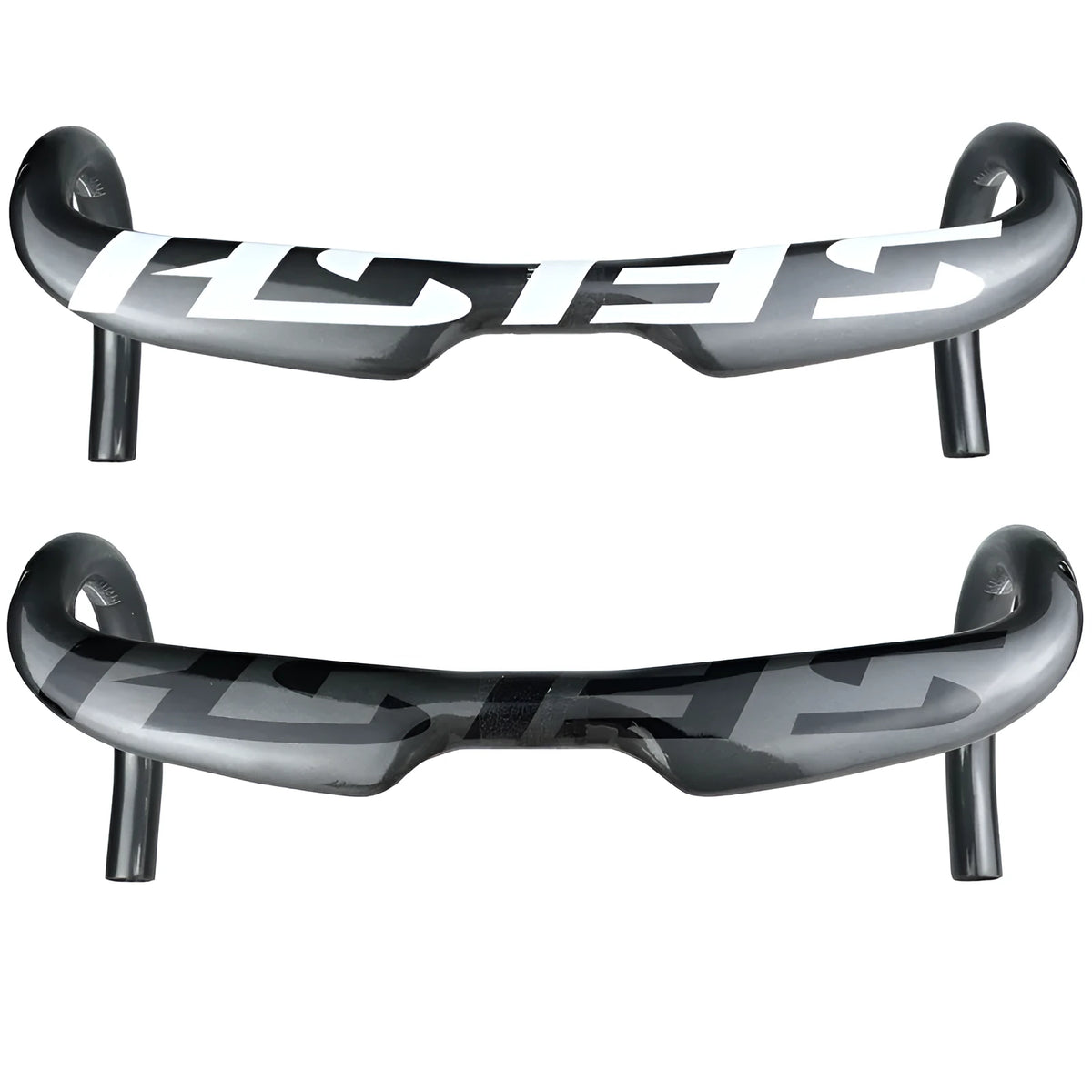 Carbon fibre road bike bent handlebar showing drop design with measurement markings