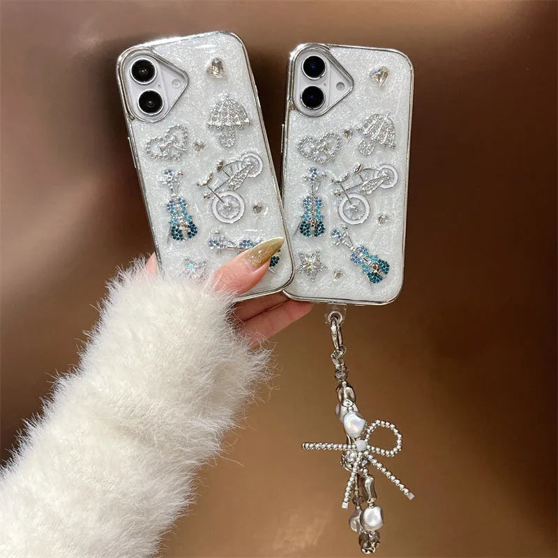 White silicone iPhone case with 3D guitar heart epoxy design and guitar lanyard