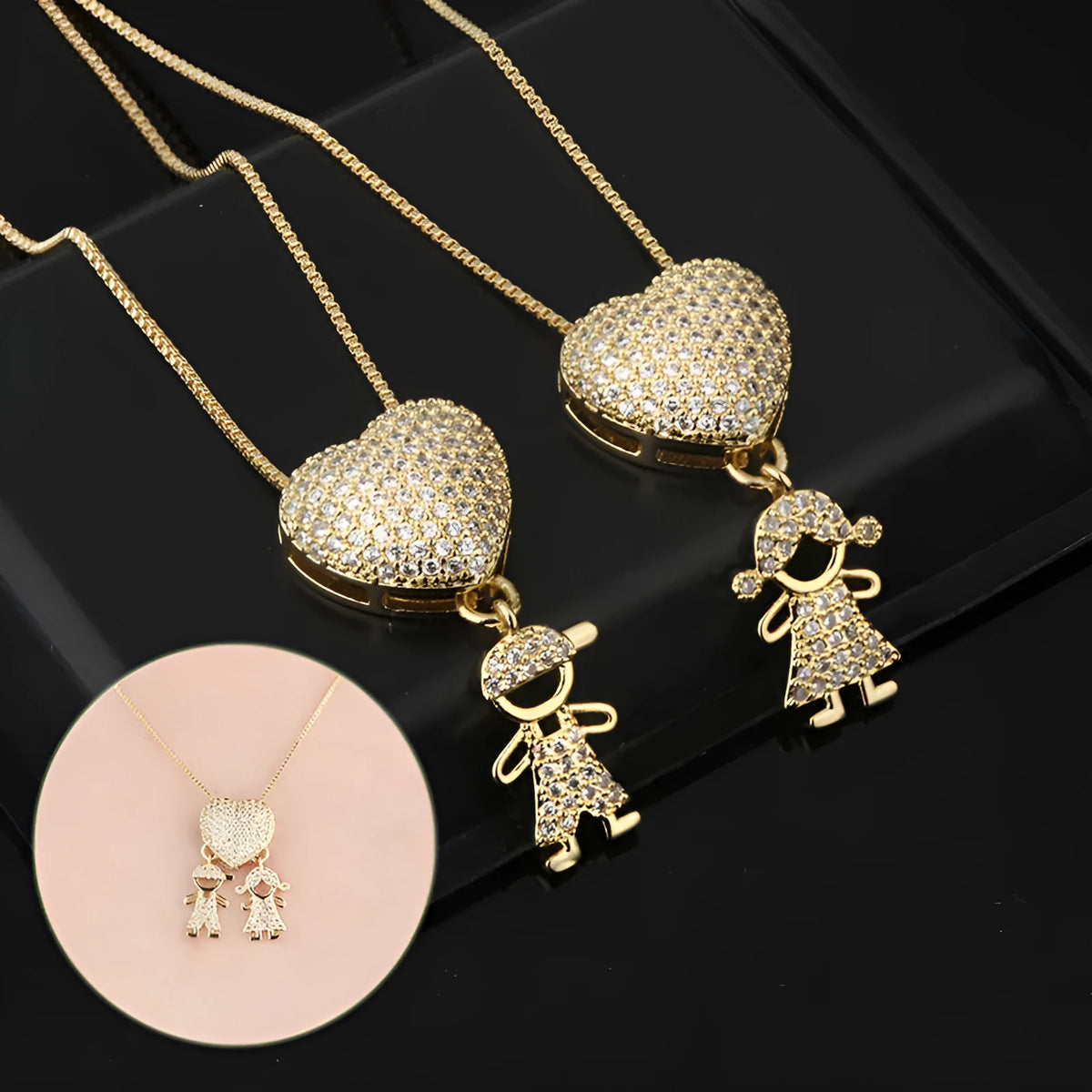 Gold colour copper family heart necklace with cubic zirconia inlay and boy girl motif pendant