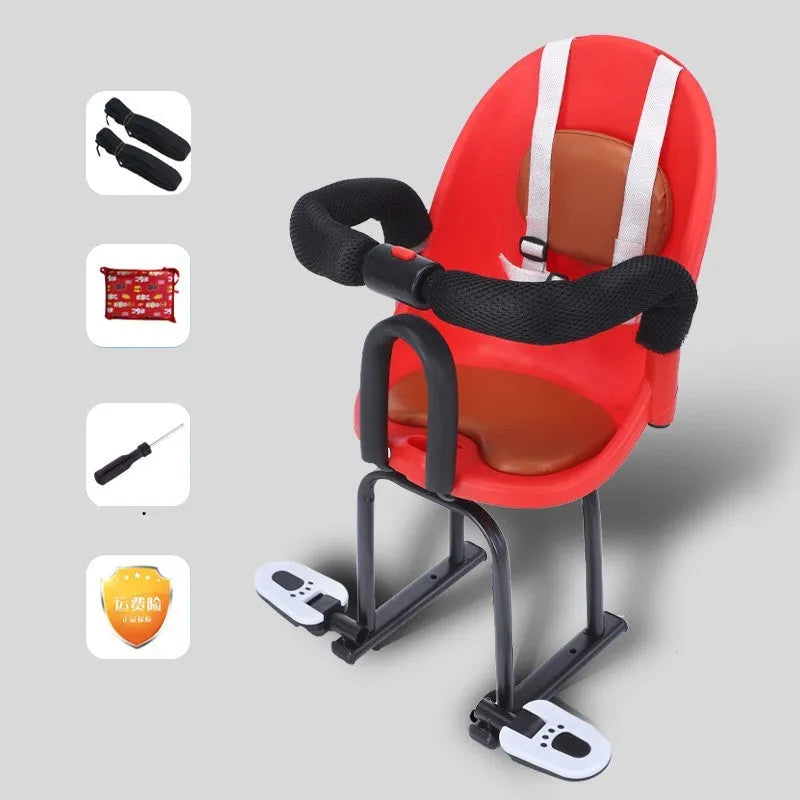 Front baby safety seat for electric scooters with high carbon steel frame in black, red, or white