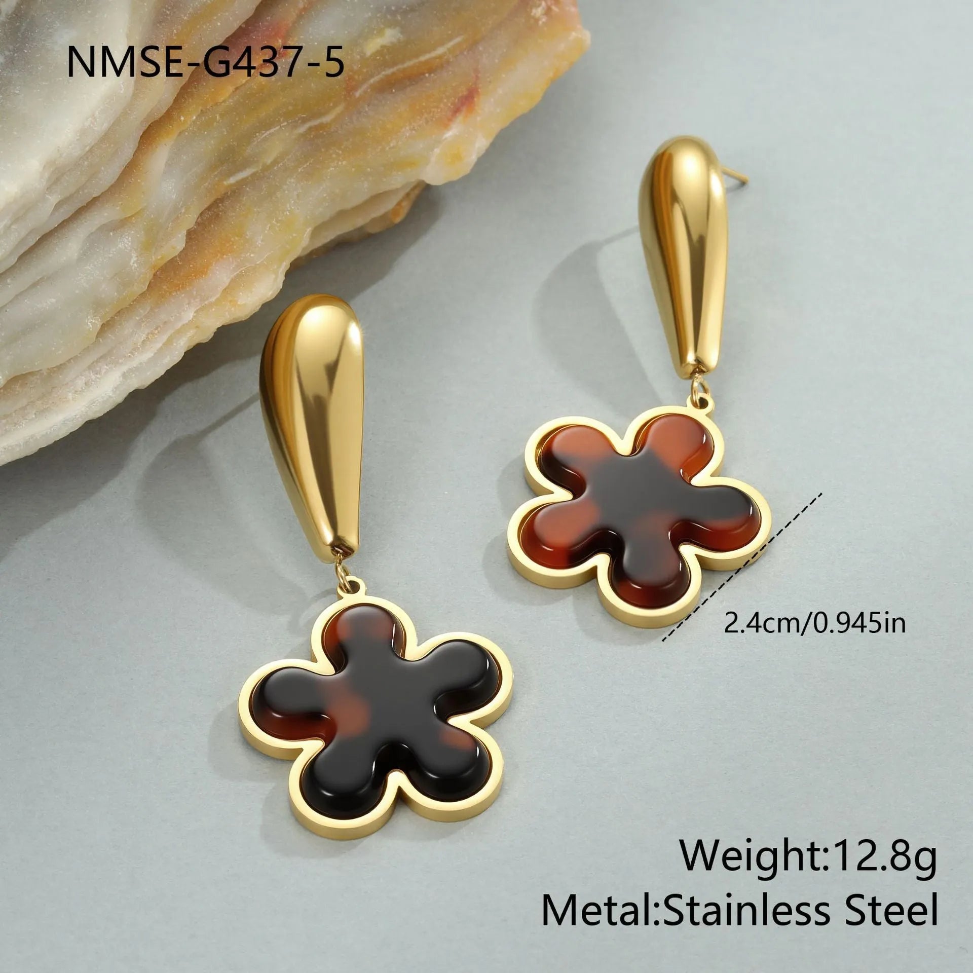 Tortoiseshell resin hawksbill colour 18K stainless steel geometric earrings in heart or flower designs