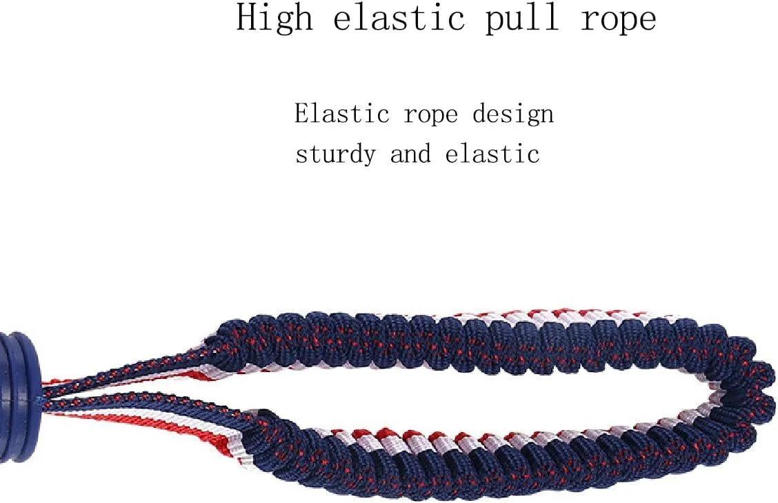 Blue and red natural rubber dog ball with attached rope toy for medium and small breeds.