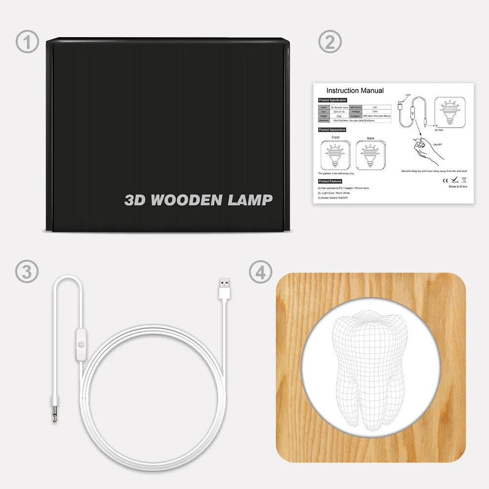 Tooth-shaped wood colour acrylic night lamp with USB cable on white background