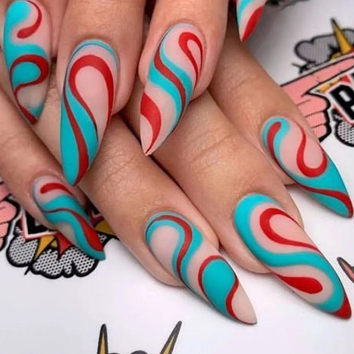 Almond-shaped rainbow nail stickers with colourful plaid design in four French colour variants