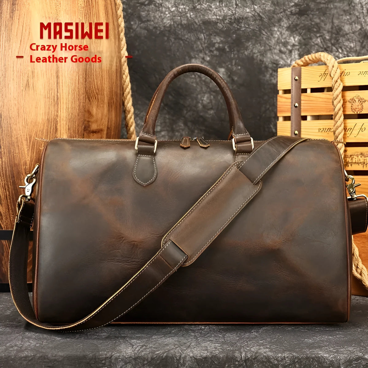 Men's vintage leather crossbody bag in four colours showing dimensions 48.3x25x29cm
