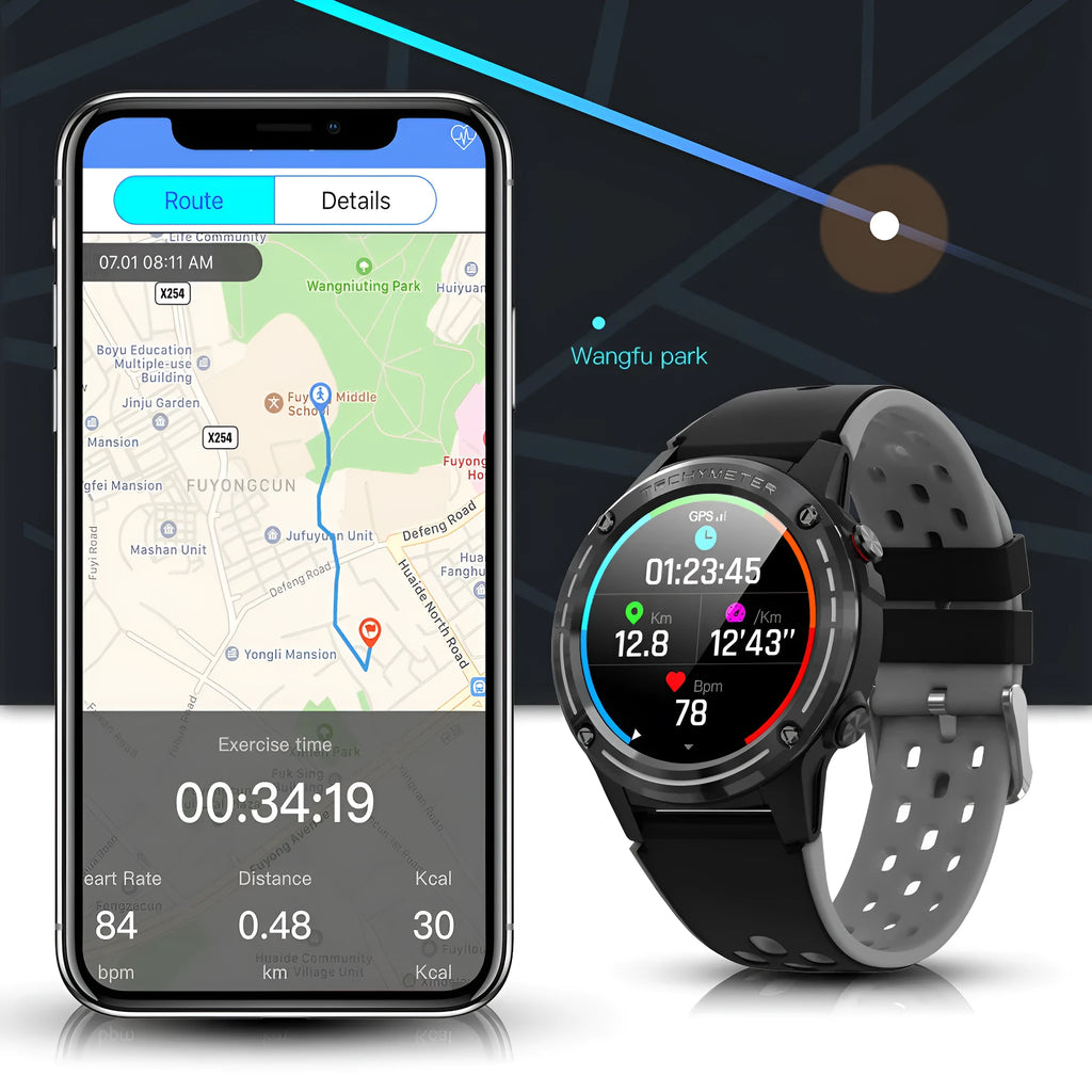 GPS smart watch with silicone strap in blue, black, cyan, or silver black colours showing 49mm dimensions