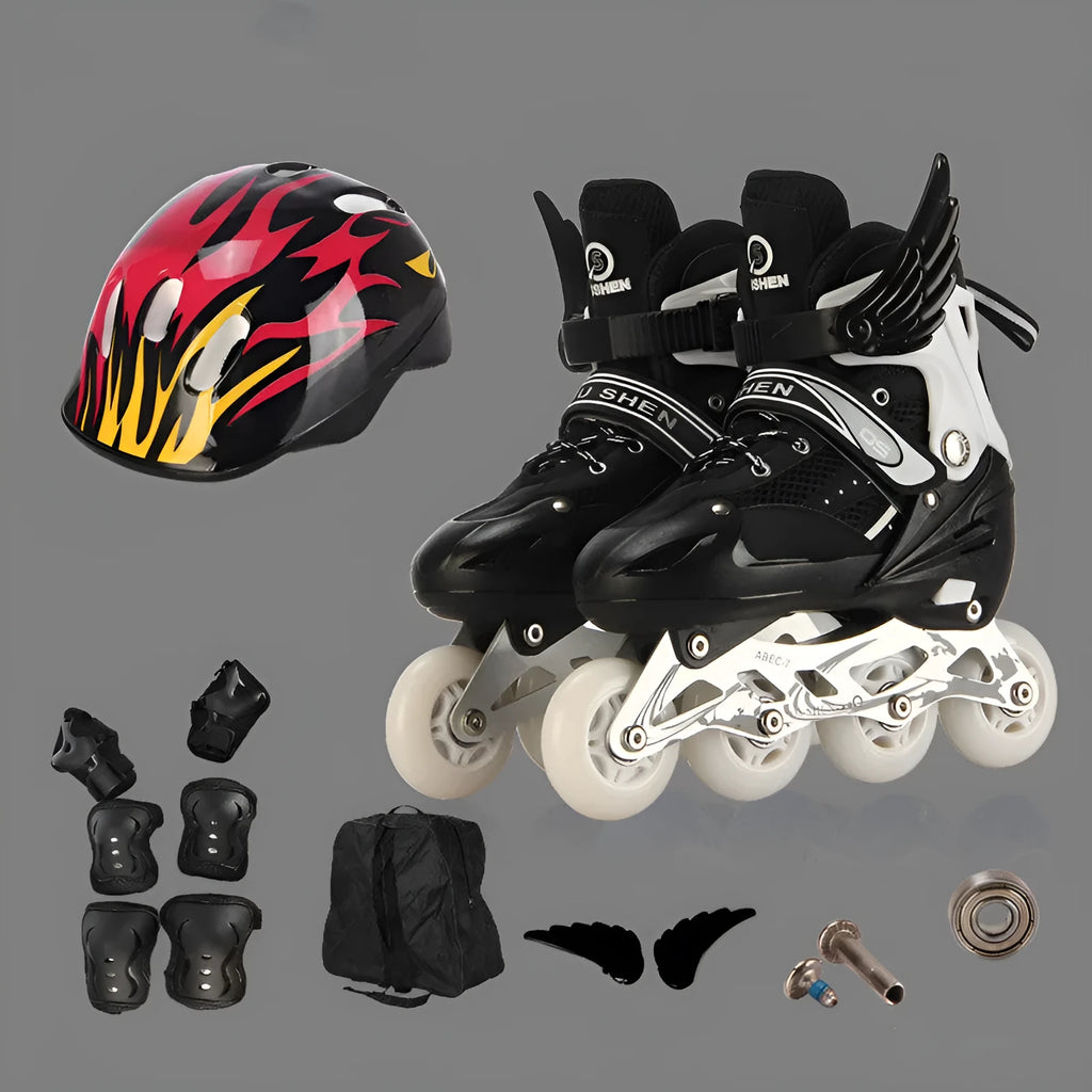 Children's adjustable roller skates with aluminium frame and PU foam wheels, shown with helmet and protective gear.