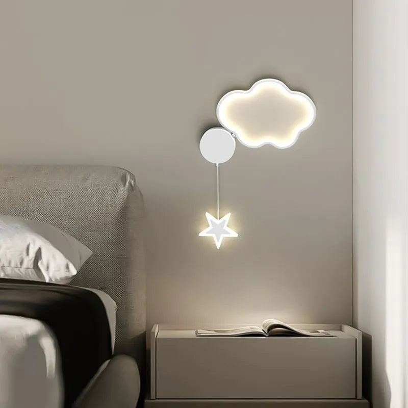 Cartoon five-pointed star bedside wall lamp in black or white with cloud, moon, or star motifs