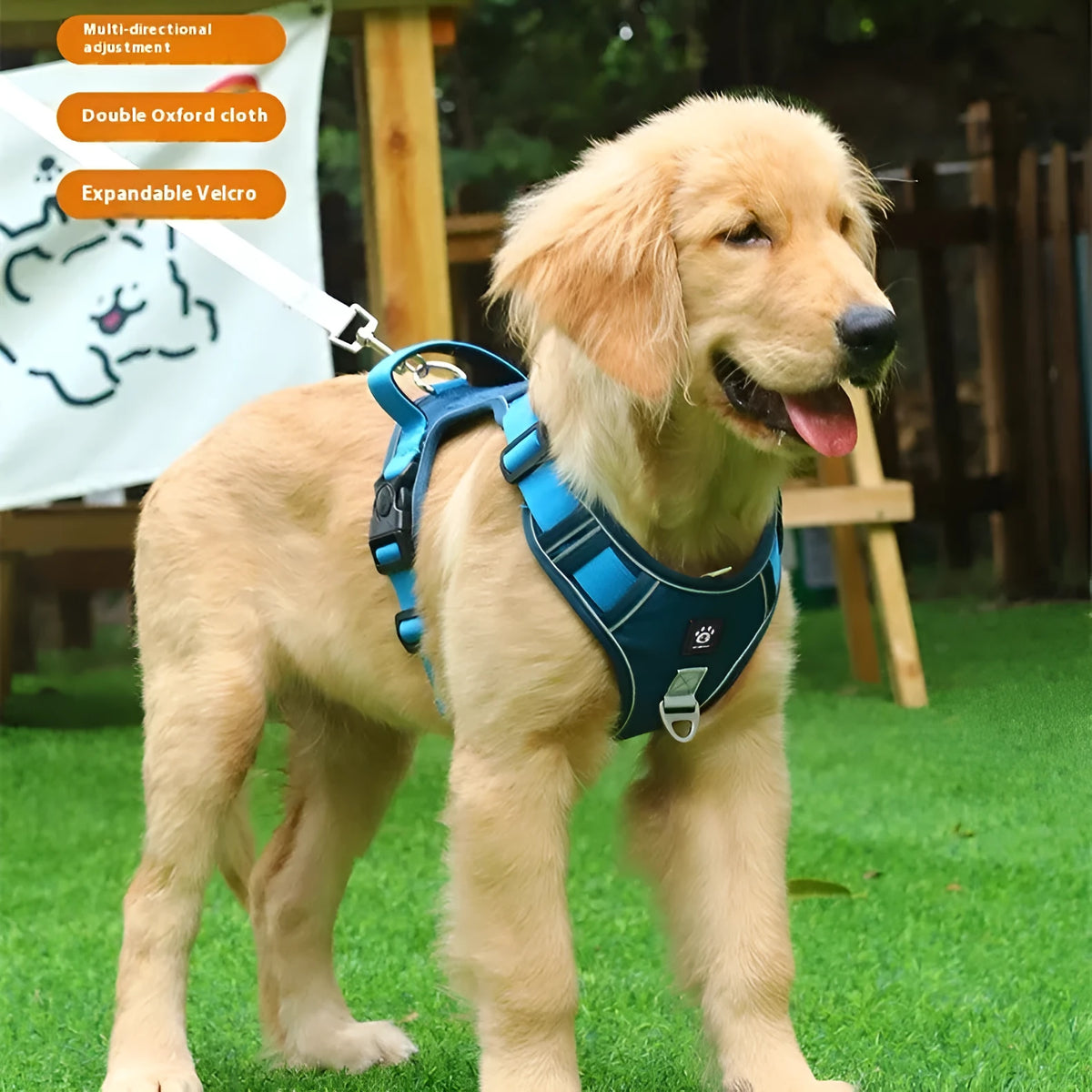 Vest-style Oxford cloth dog harness for medium and large dogs in khaki with reflective rope