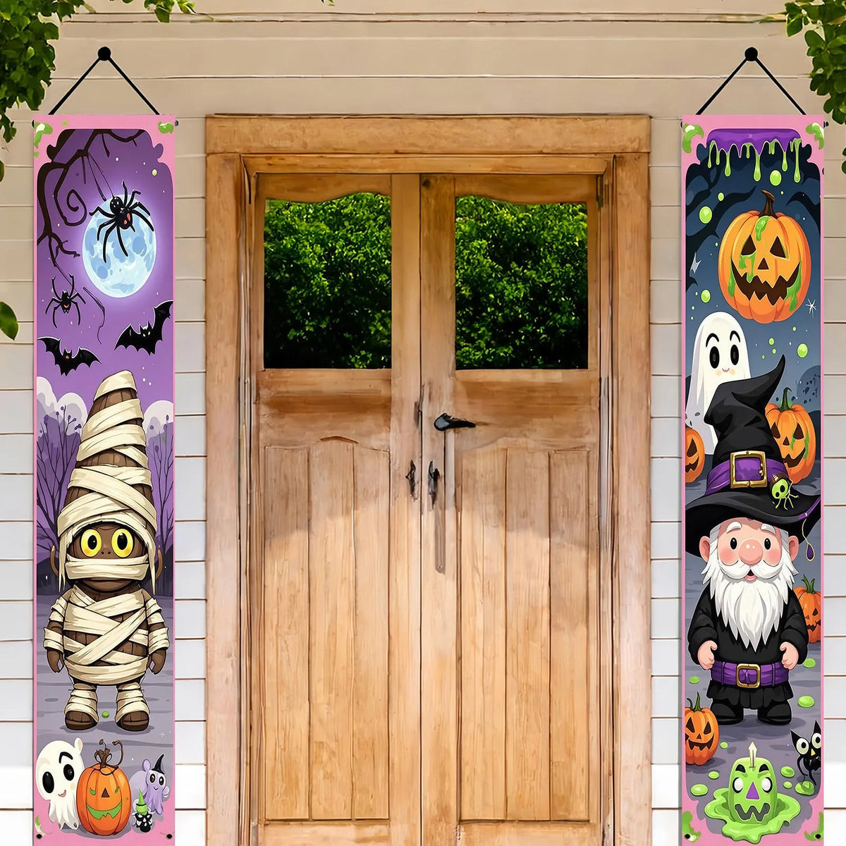 Pair of polyester Halloween couplet hanging flags measuring 30 by 180 centimetres for spooky decorations