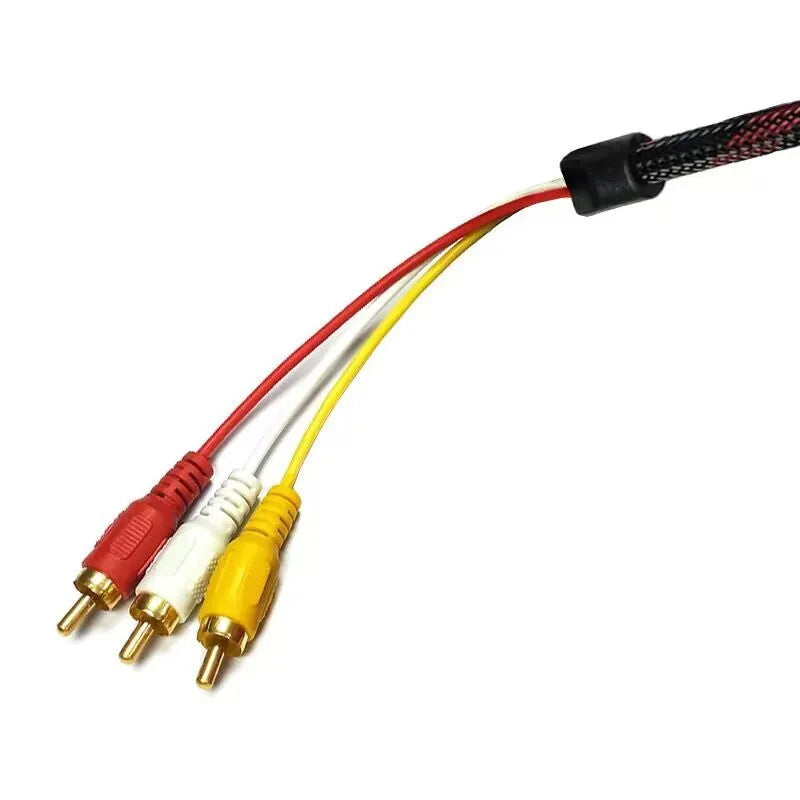 HDMI to AV15 M conversion cable showing HDMI plug and three-phono AV plug on a 1.5m cable