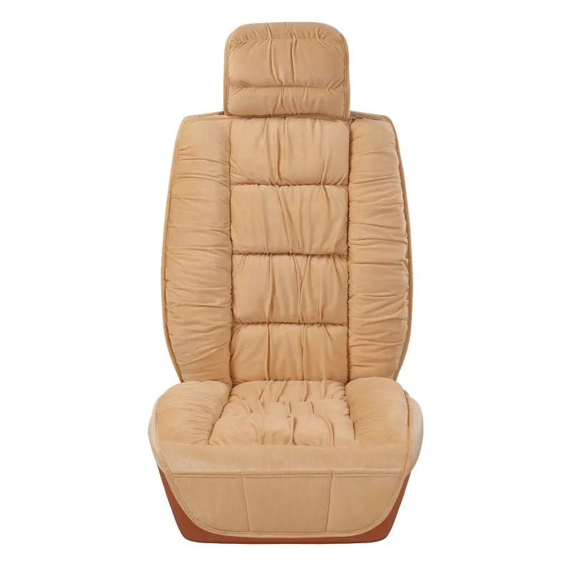Plush winter car seat cushion shown in a grey set, with soft texture and fitting on a car seat.