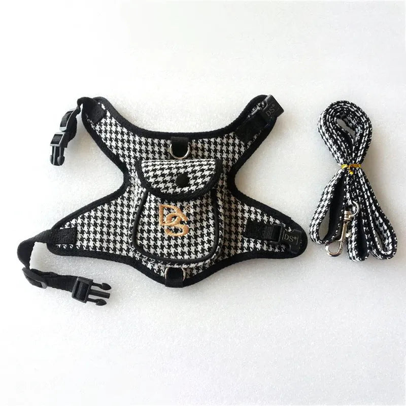 Black houndstooth cotton dog vest with strap and lead, sizes S to XL